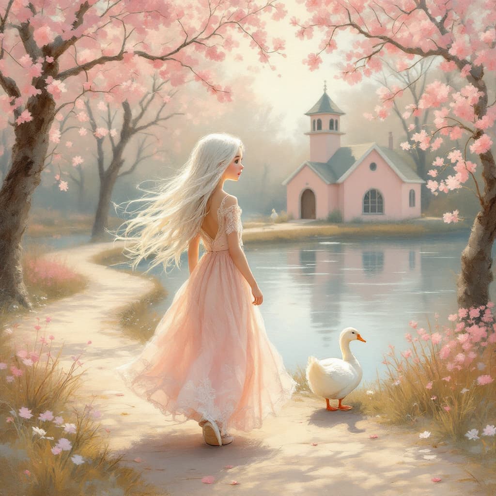 AI generated: Paintig of A young, fair-skinned girl, about 8 years old, with long white hair, is walking along a p...