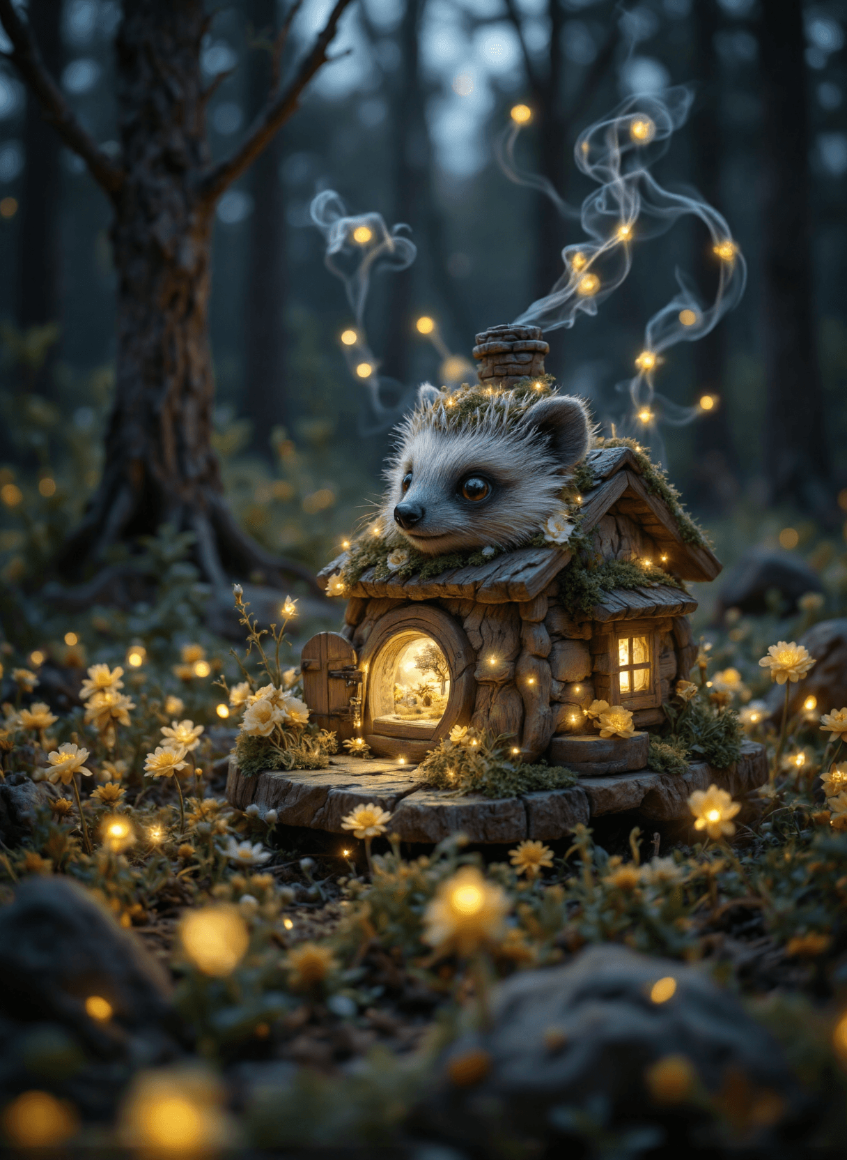 AI generated: The image depicts a whimsical and enchanting scene set in a forest at dusk or nighttime. The primary...