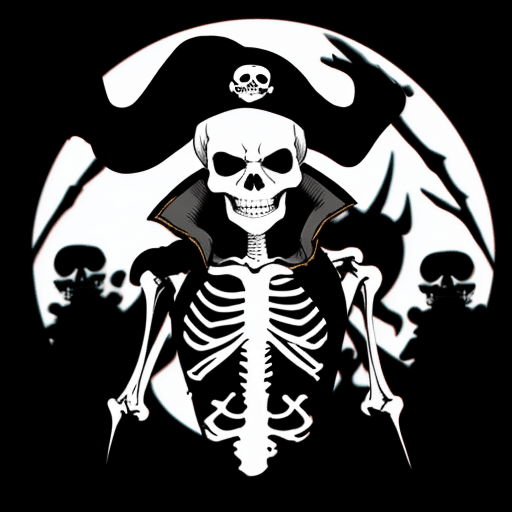 AI generated: Skeleton pirate, anime, black and white, black background color