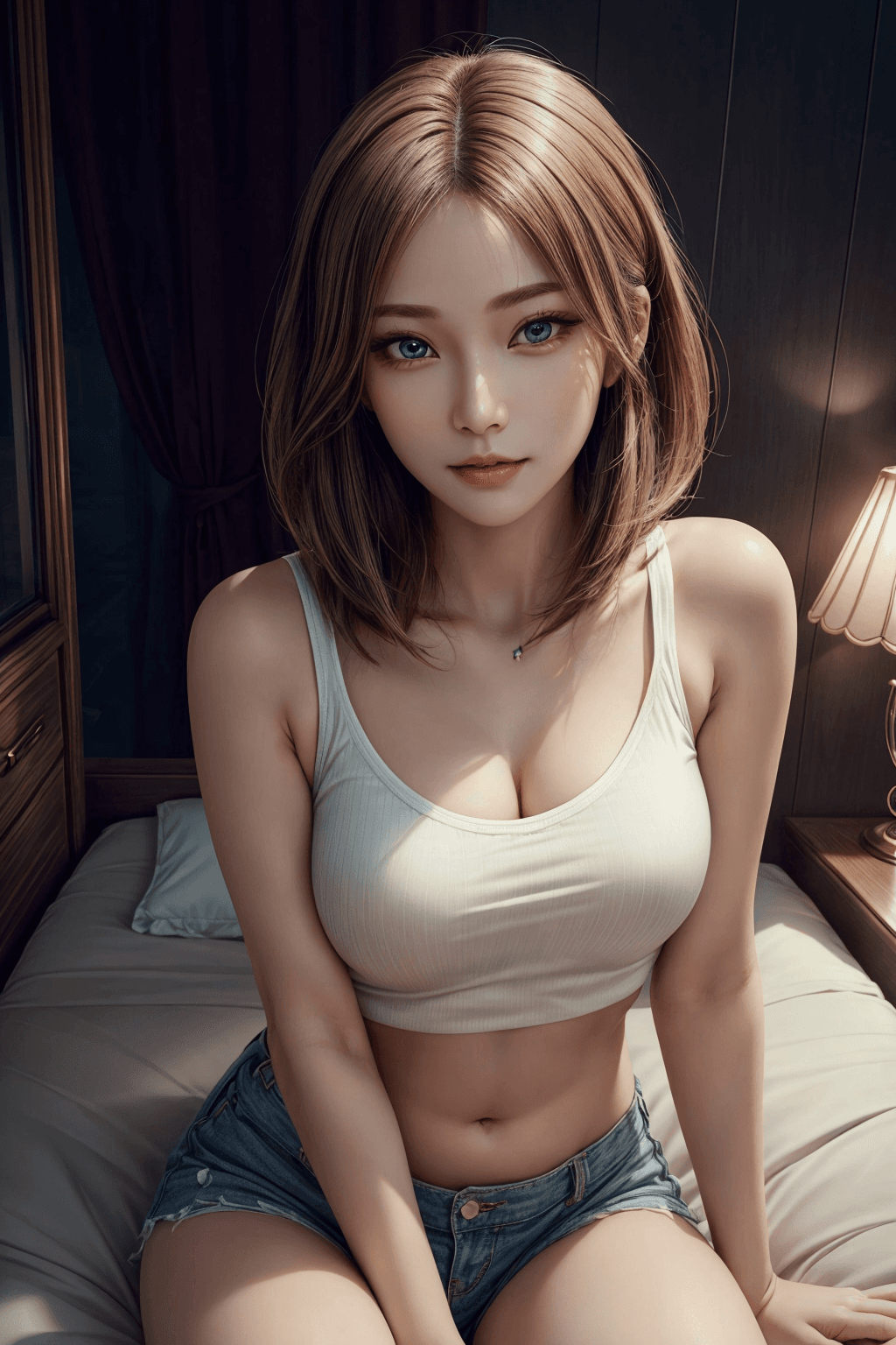 AI generated: 1 girl, a Beautiful idol, (Cute Loose Bob hair), (casual clothes), (showing midriff), (toned stomach...