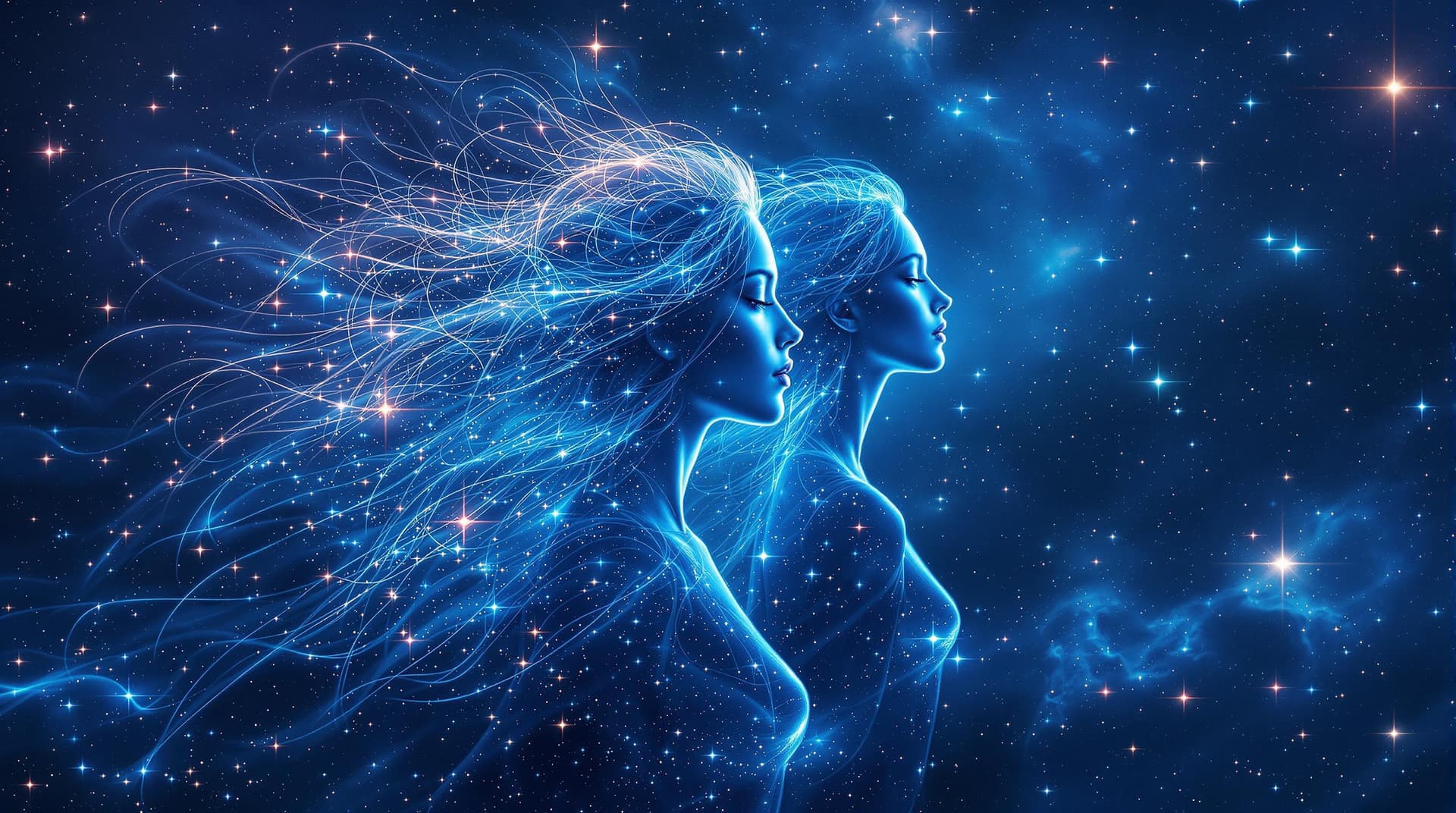 AI generated:  This digital artwork features a celestial theme with  ethereal female figures emerging from a starr...