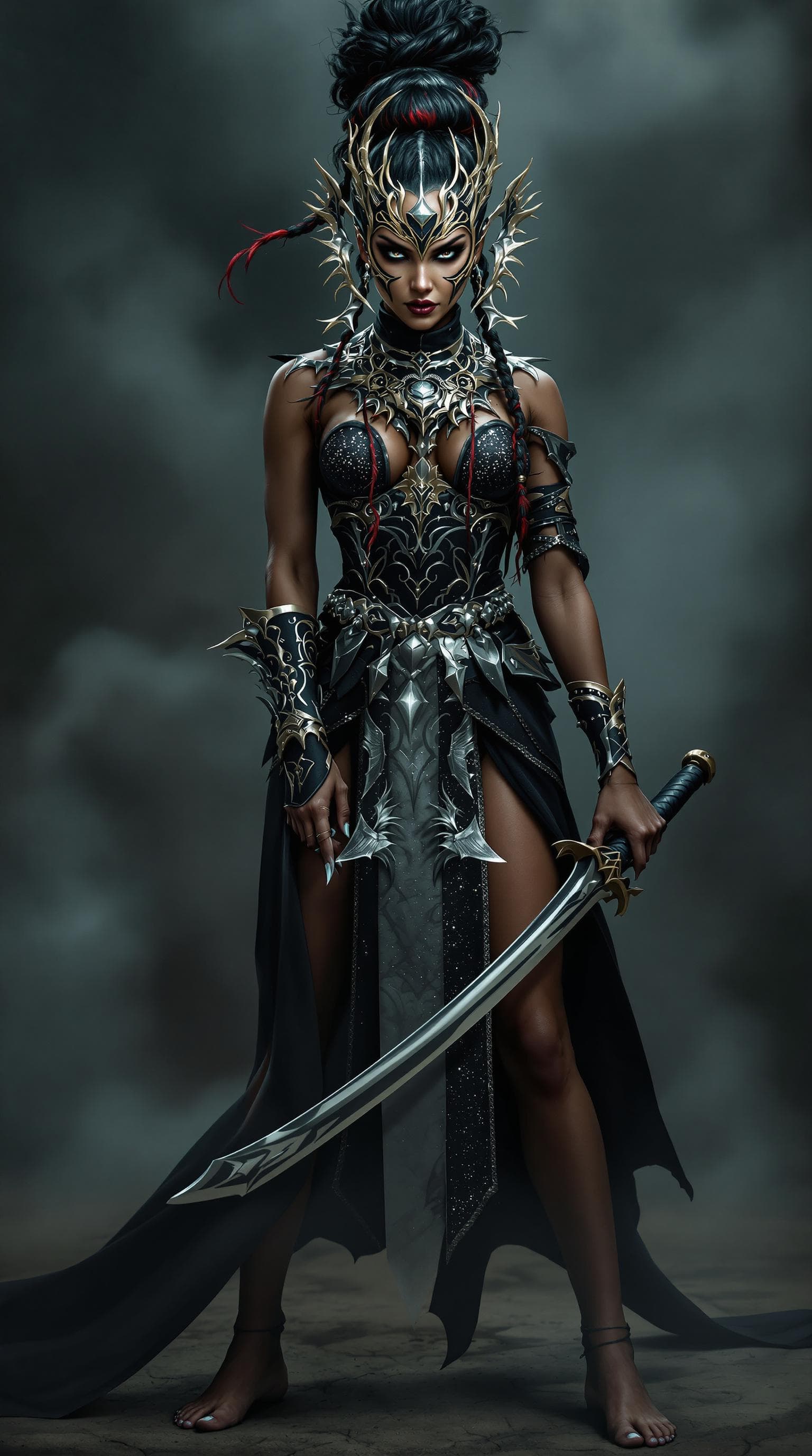 AI generated: Full-length portrait of a fierce female warrior with intense, striking eyes, wearing an elaborate bl...
