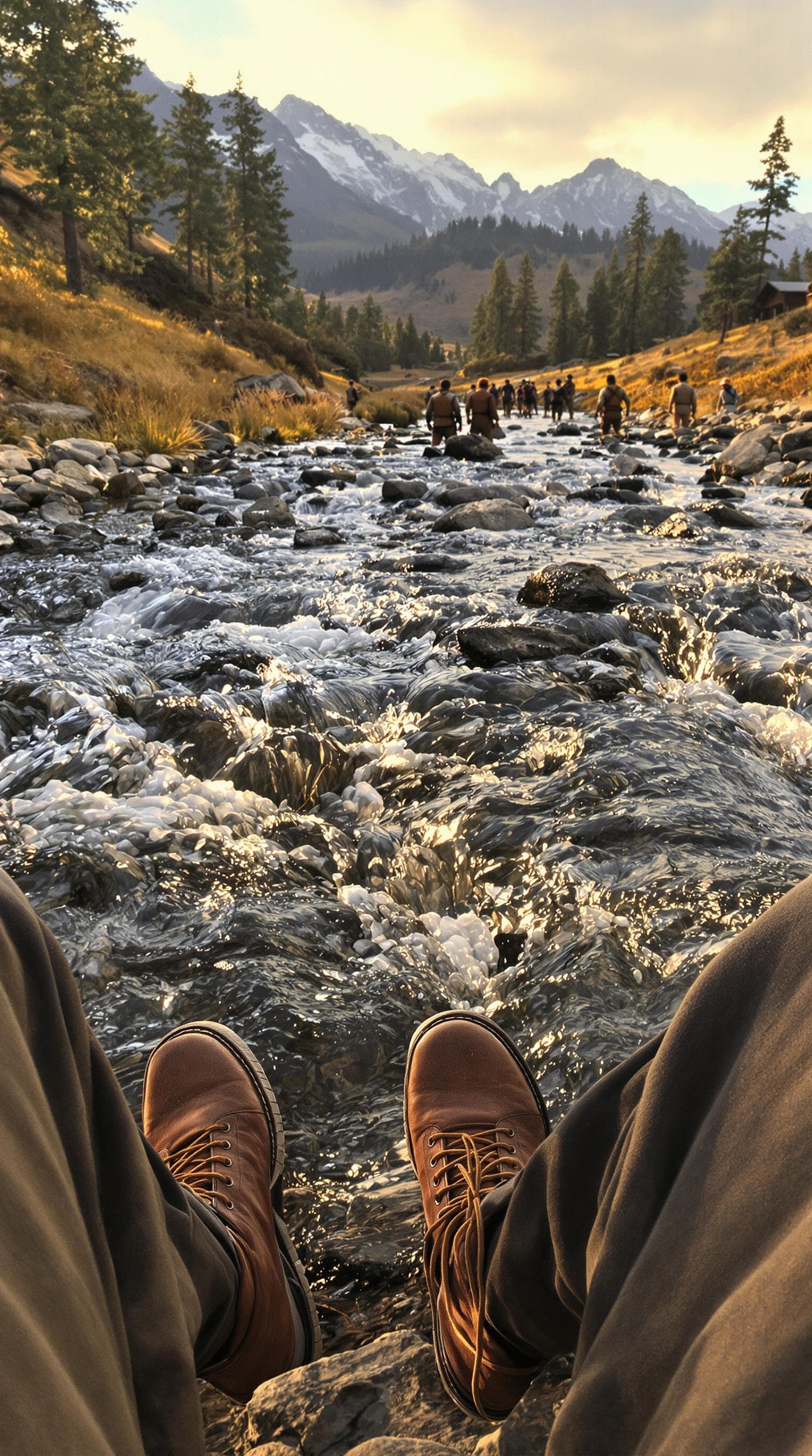 AI generated: first person POV, legs wearing worn leather boots and dusty canvas pants, sitting by a rushing river...