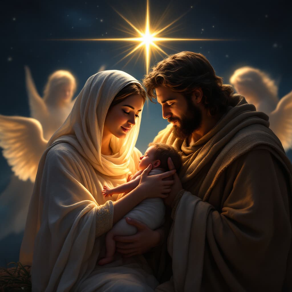 AI generated: Mary and Joseph, holding baby Jesus lovingly in their hands, surrounded by a warm, serene glow. The ...