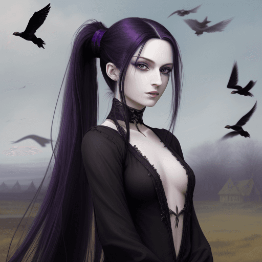 AI generated: high resolution, fantasy, pale skin, purple eyes, long black straight hair with a ponytail, crows in...