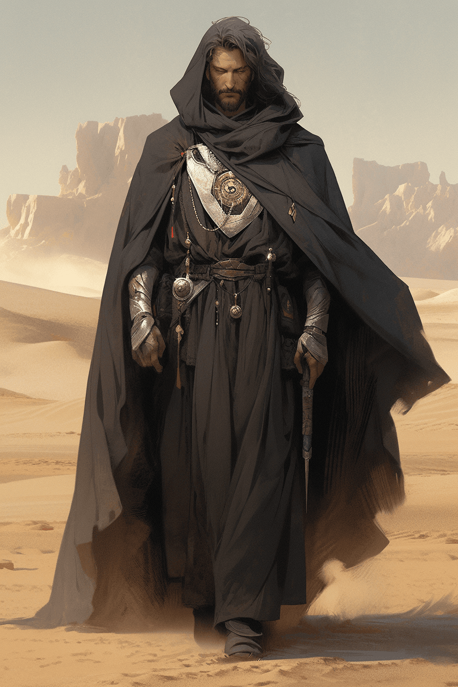AI generated: Full body portrait of DUNE movie character, Hyper realistic , standing floating in front of a big De...
