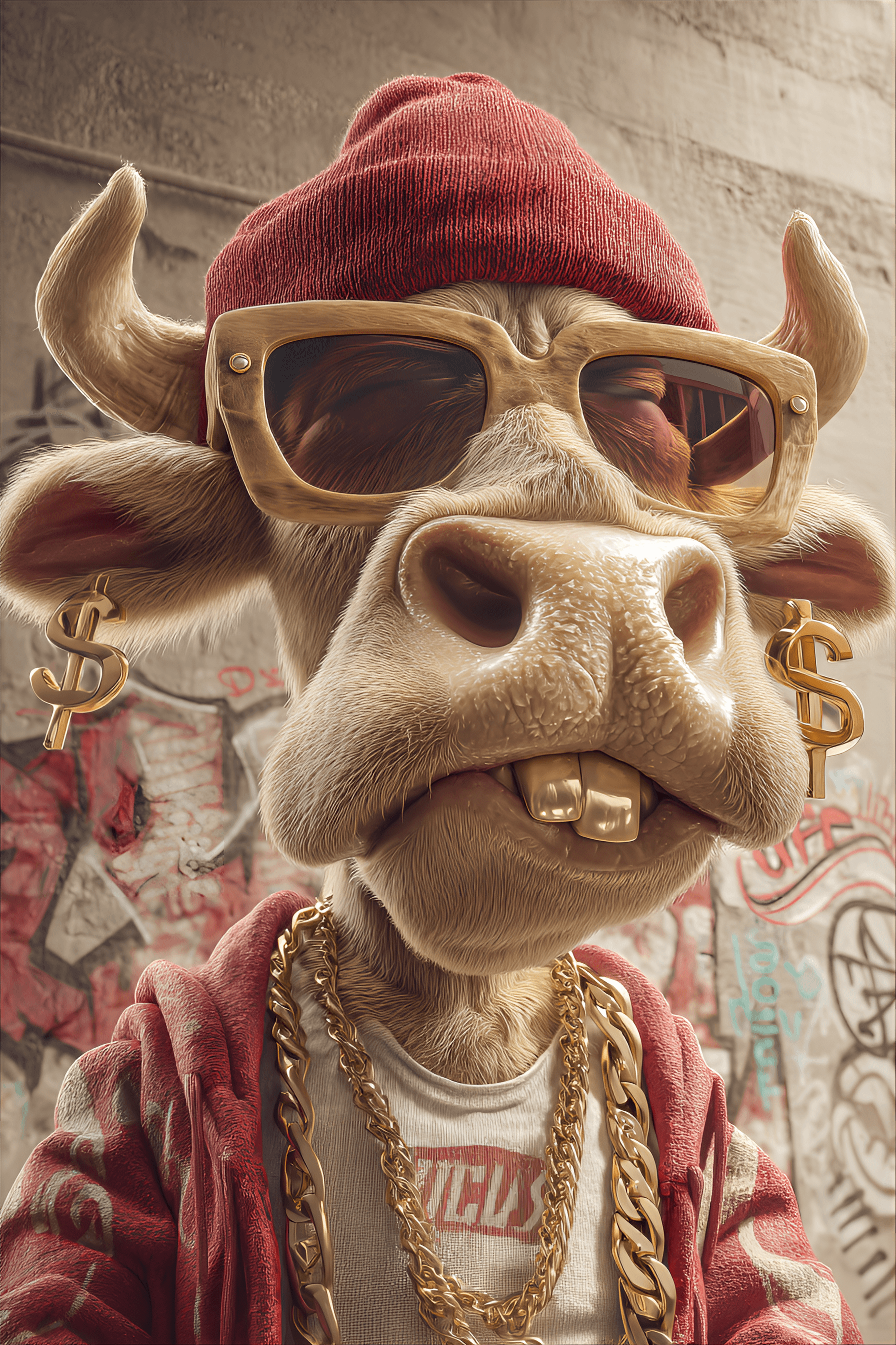 AI generated: funny caricature, hip-hop bovine, 7 years old, cool, flashy, nonchalant, exaggerated cow face with a...