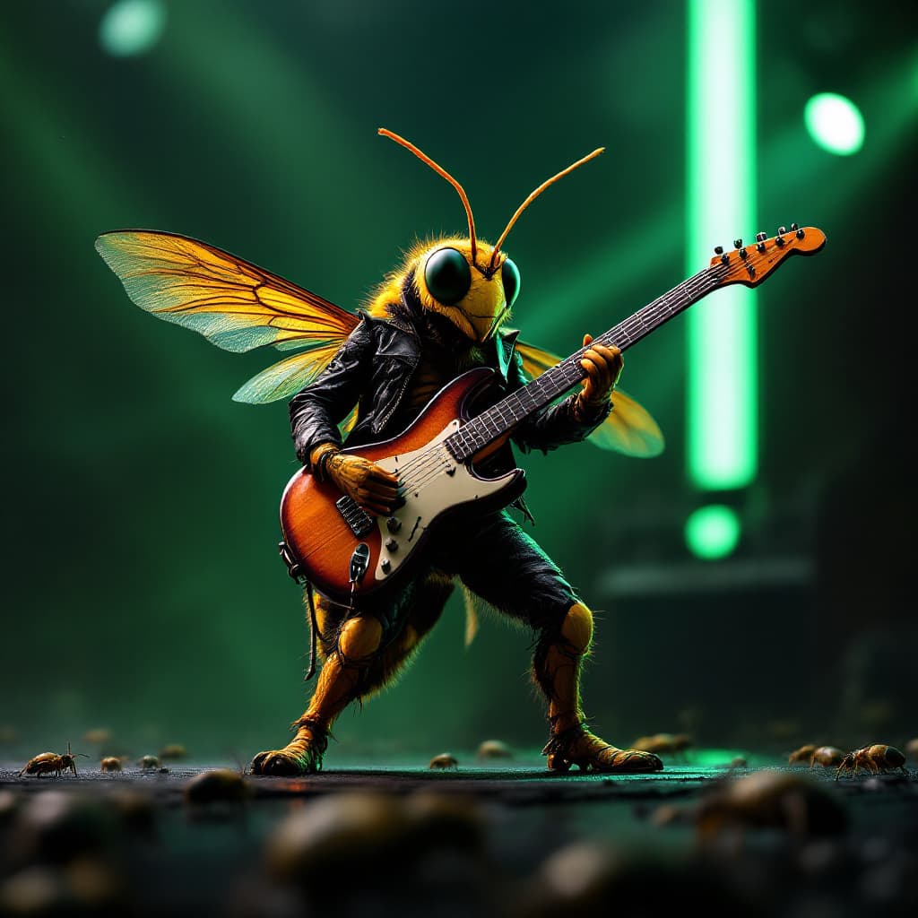 AI generated: A wasp insect standing upright like a human, playing an electric guitar on stage. Its wings are buzz...