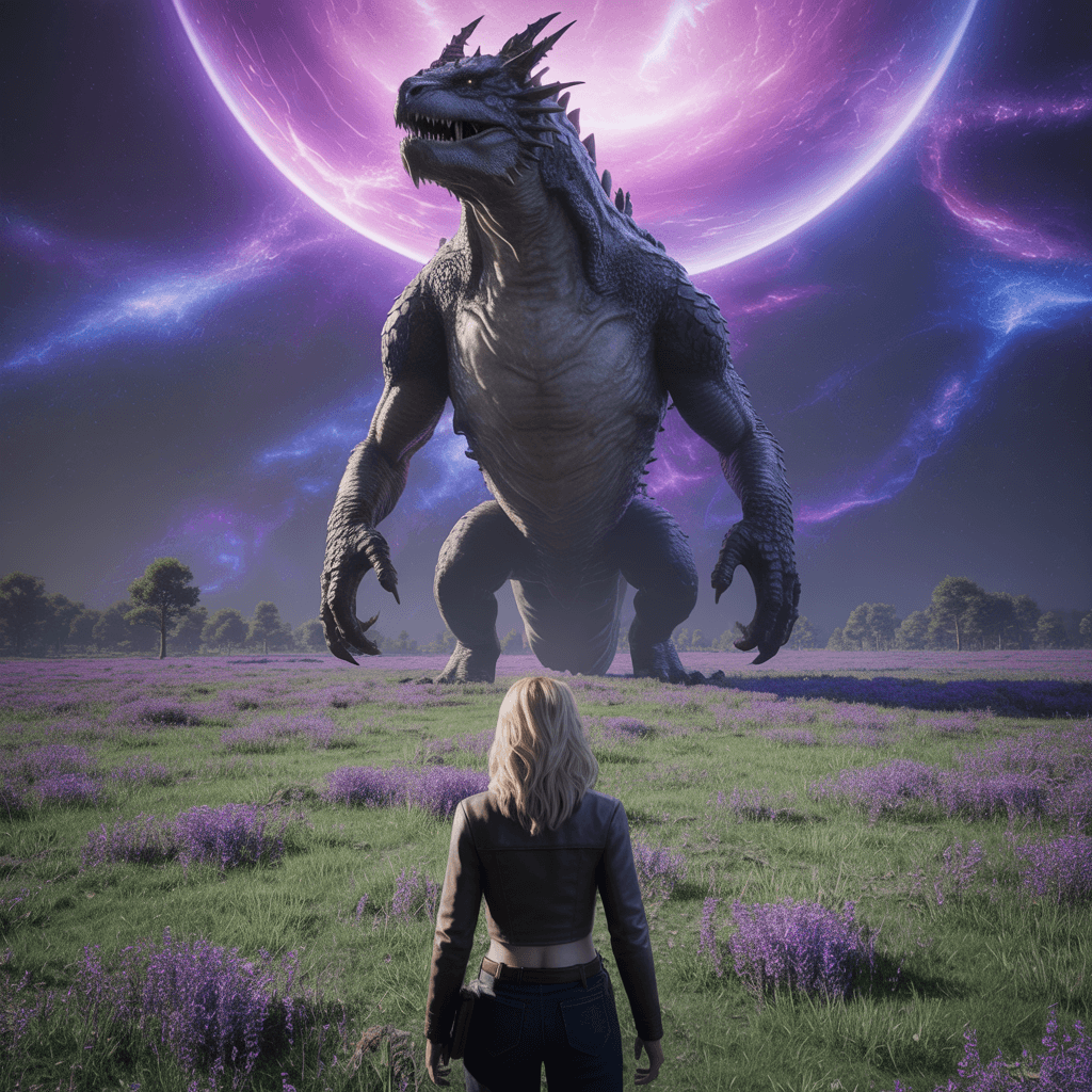 AI generated: lower perspective video game cinematic shot, with a blonde lady in crop-top at foreground. At far di...