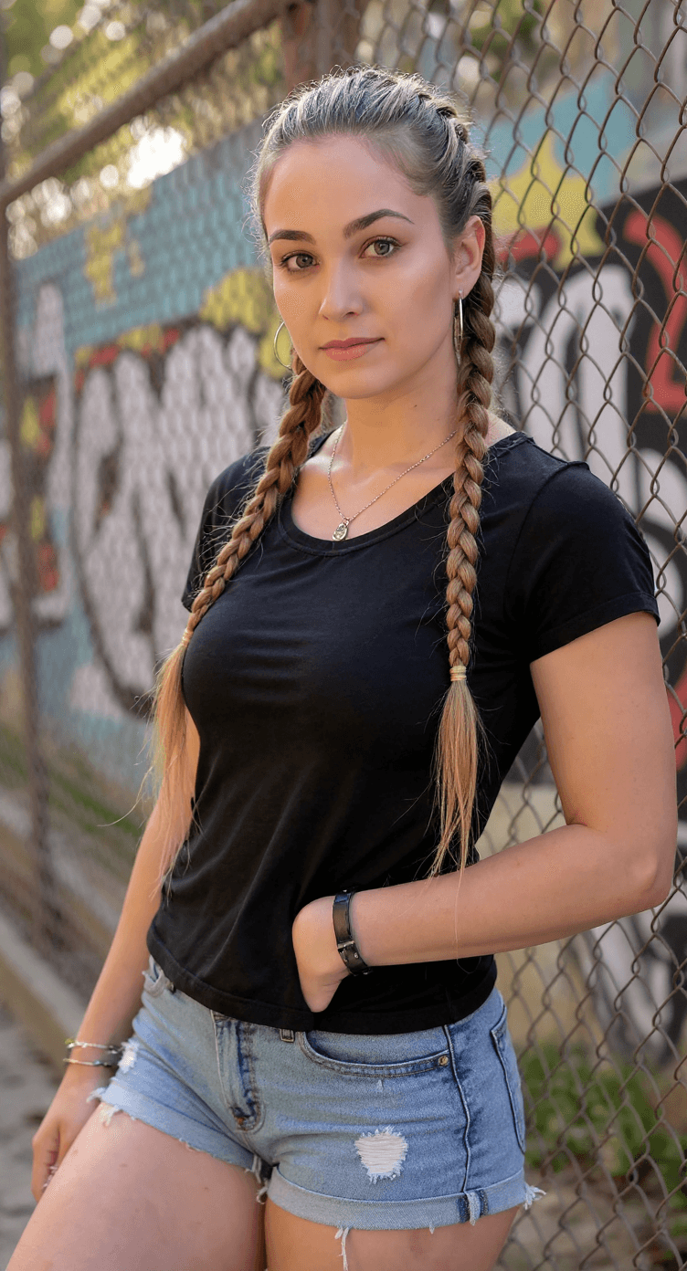 AI generated: A photorealistic portrait of an athletic german woman in denim shorts and a t-shirt She is leaning a...