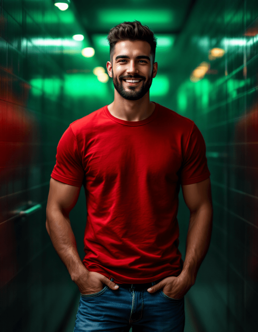 AI generated: Hyper-realistic full boody photo of a handsome caucasian man, dark burst-taper hair, trimmed-short-s...