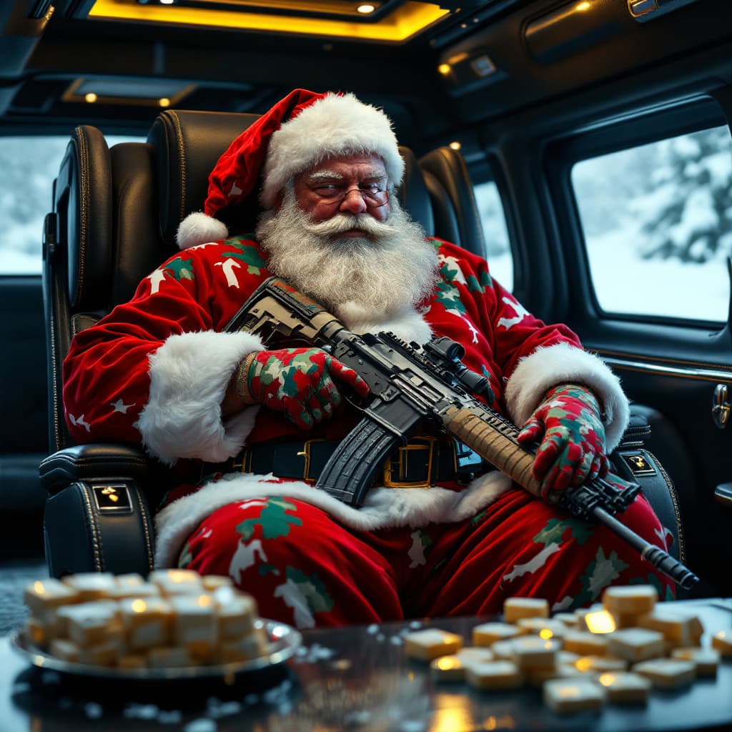 AI generated: A fat Santa clause in a camo Santa suit holding an ar 15 with white duct tape square packages repack...