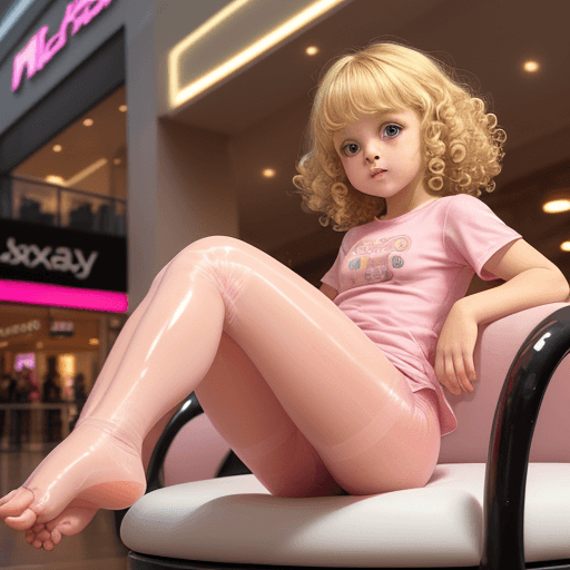 AI generated: cute little girl, blonde curly hairs, cute shirt, tight shirt, pink glossy pantyhose, warm lights, s...