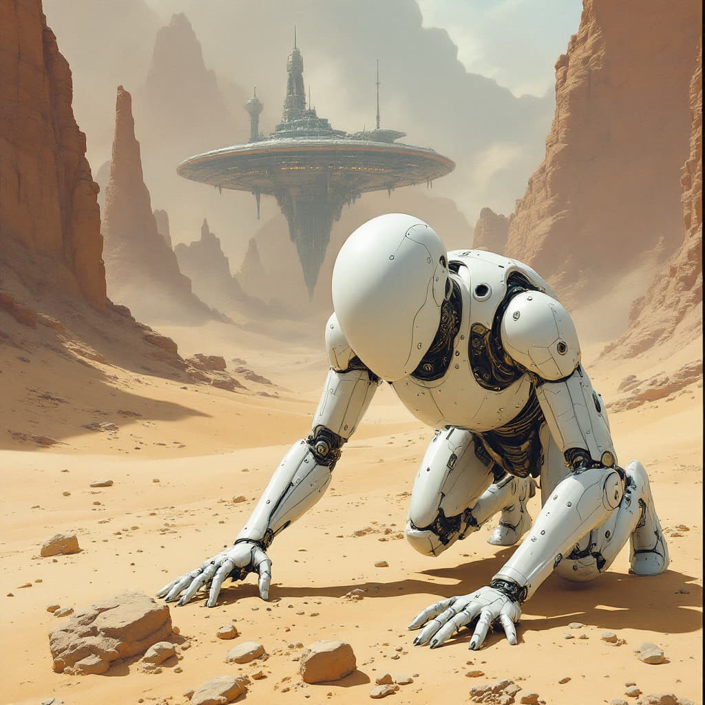 AI generated: A white humanoid robot with no face, crawling on the ground in front of an alien space station atop ...