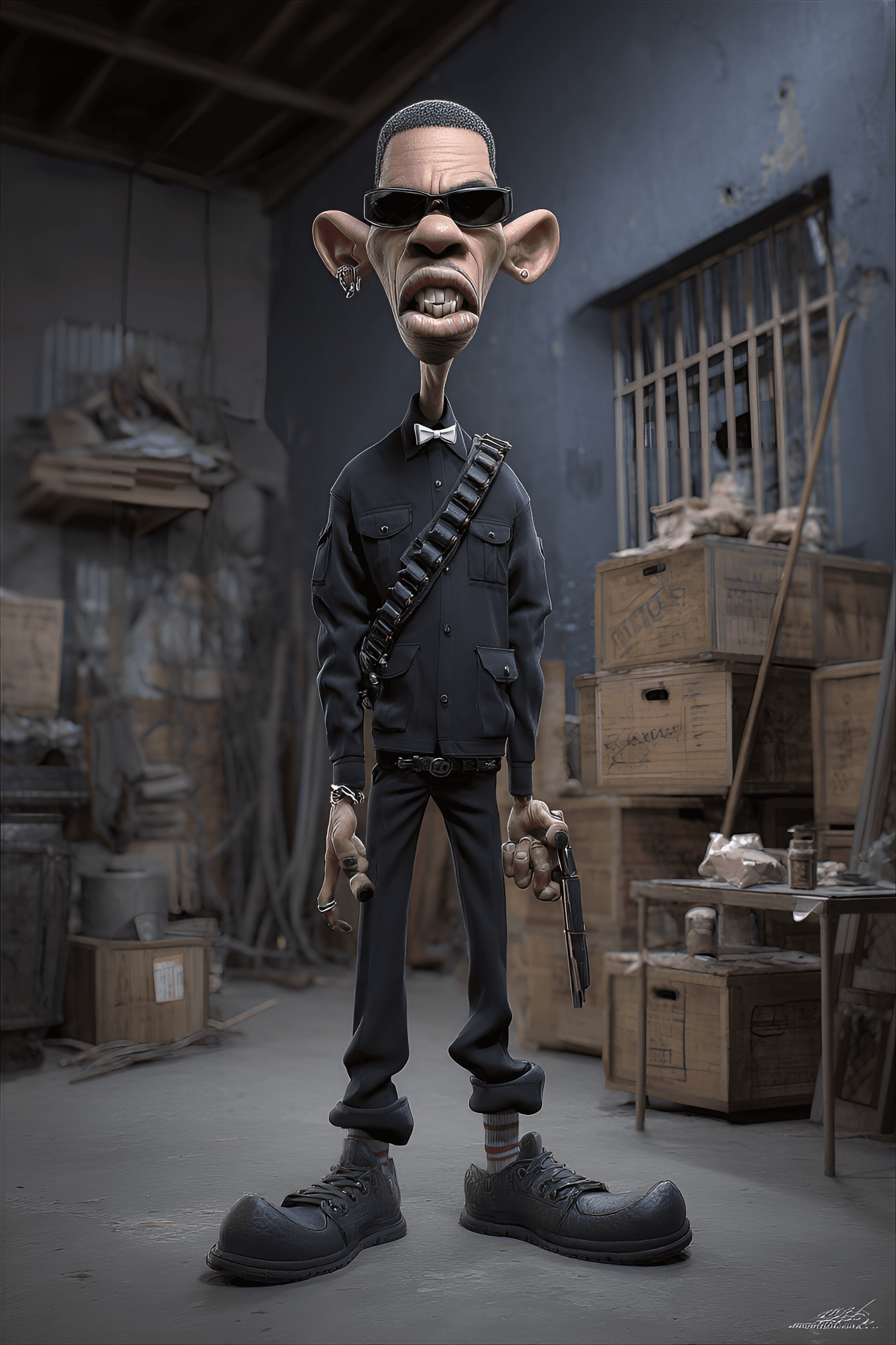 AI generated: funny caricature, zany gangsta henchman, latino ethnicity, 30 years old, clumsy, loyal, dim-witted, ...