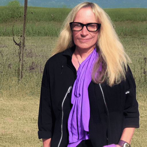 AI generated: 50 years old woman, blond semi long hair, rectangular black glasses, wearing purple and black clothe...