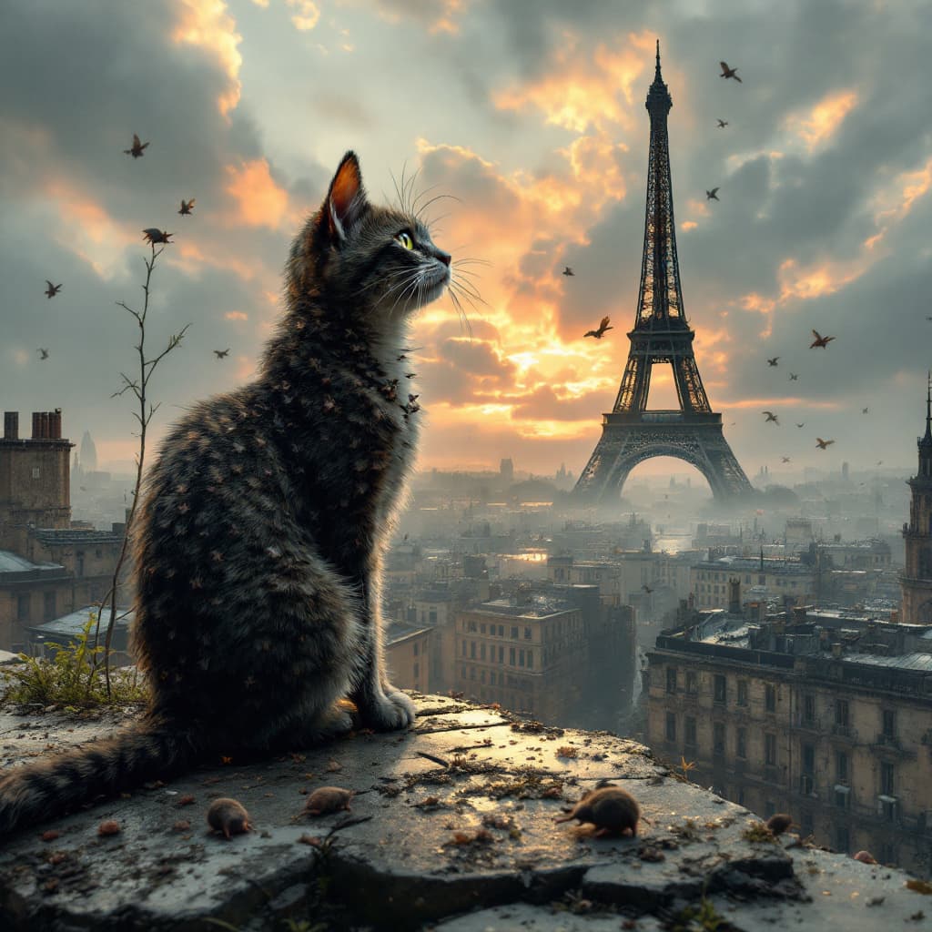AI generated: The post apocalyptic nation of cats and rats, Eiffel Tower in the back,