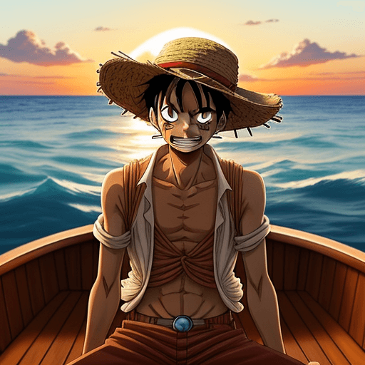 AI generated: Luffy from the manga One Piece watching a sunset on his boat Merry and crying. The boat is on the se...