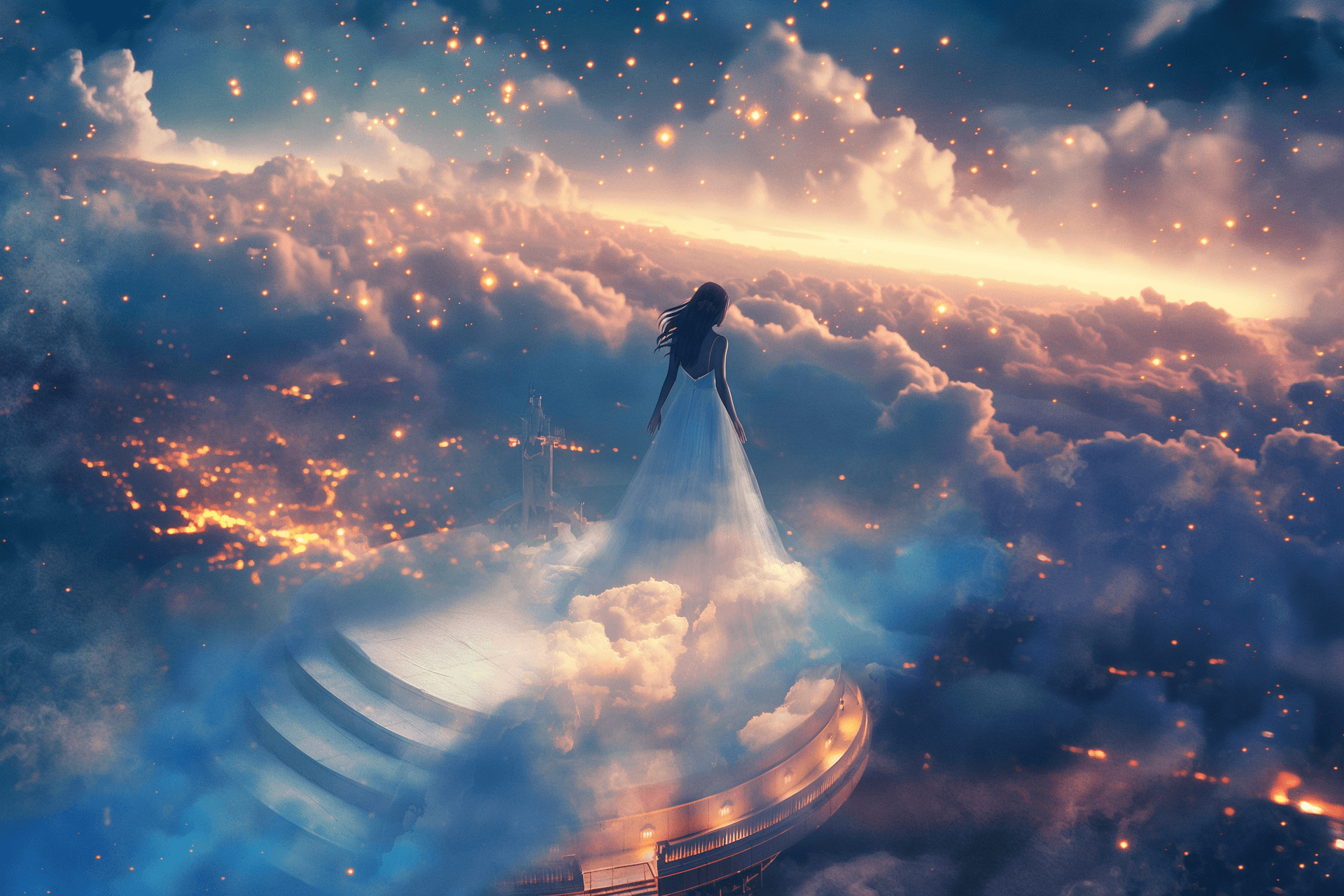 AI generated: A girl in a white dress standing on top of the world, surrounded by clouds and stars. The photograph...