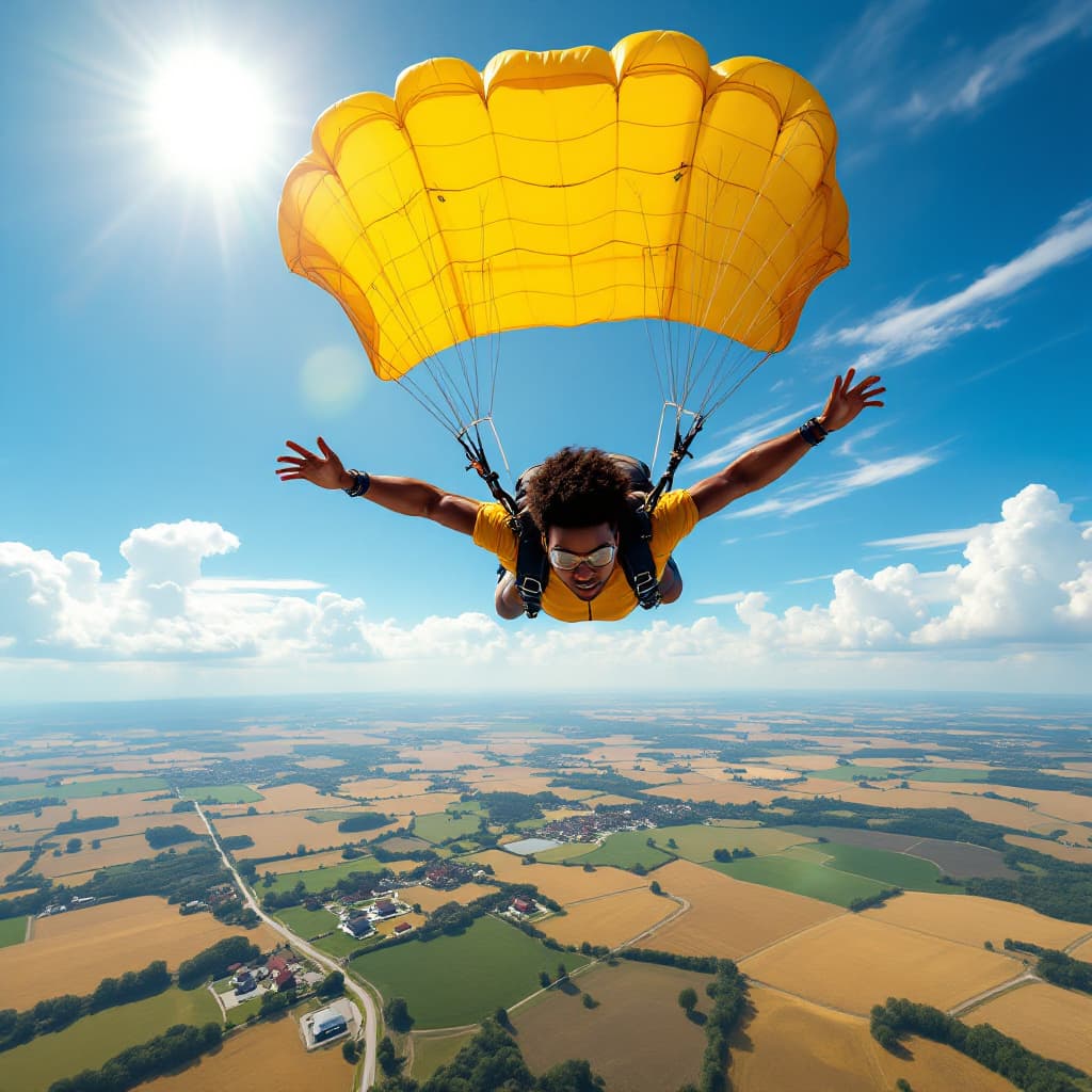 AI generated: A highly detailed, thrilling scene of an African American skydiving over vast, picturesque farmland....