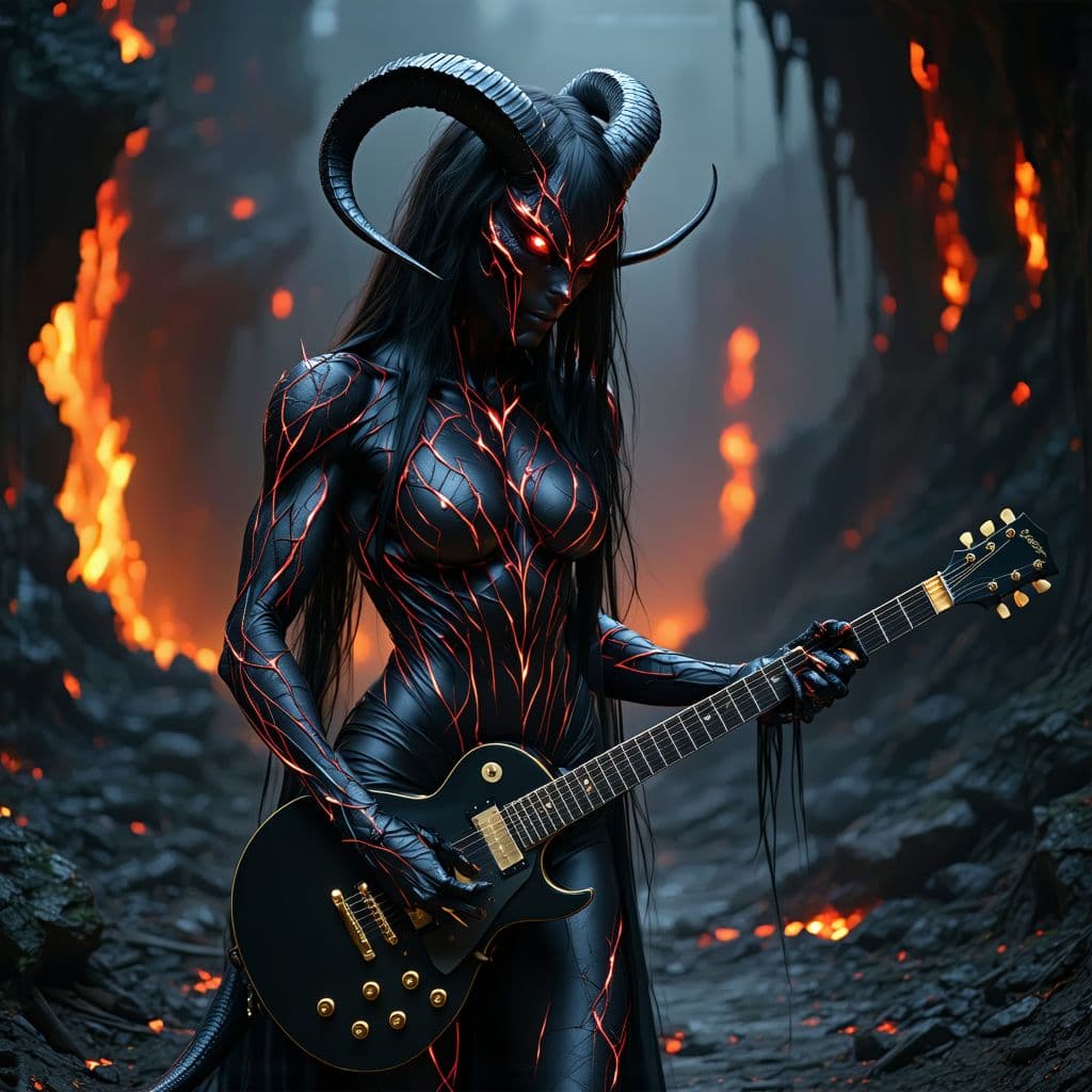AI generated:  A powerful, athletic female demon with rippling muscles, dressed in intricate, red snakeskin patter...