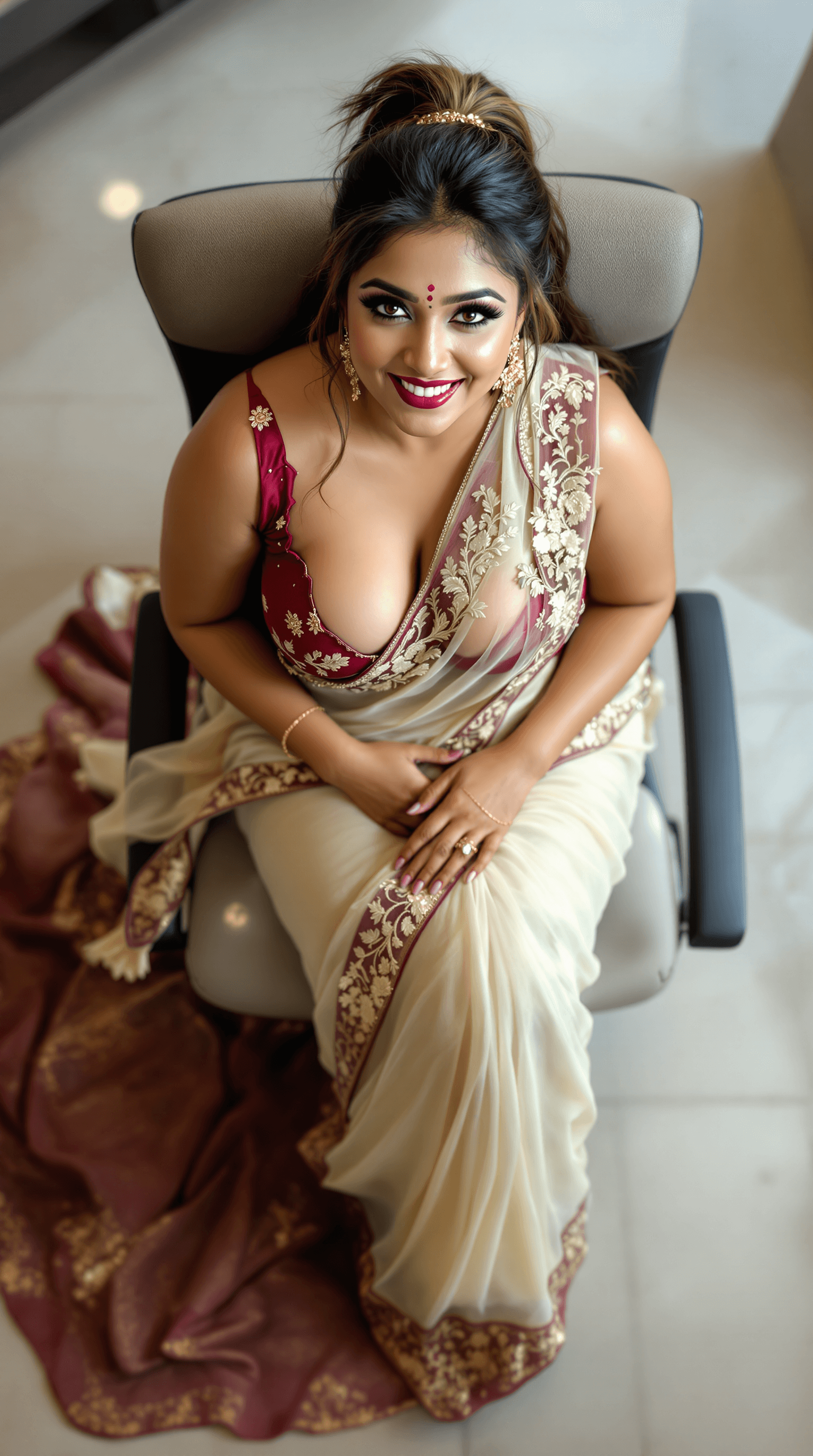 AI generated:  Top view , full body image of a 25 year old plus sized hourglass figured Telugu anchor syamala sitt...