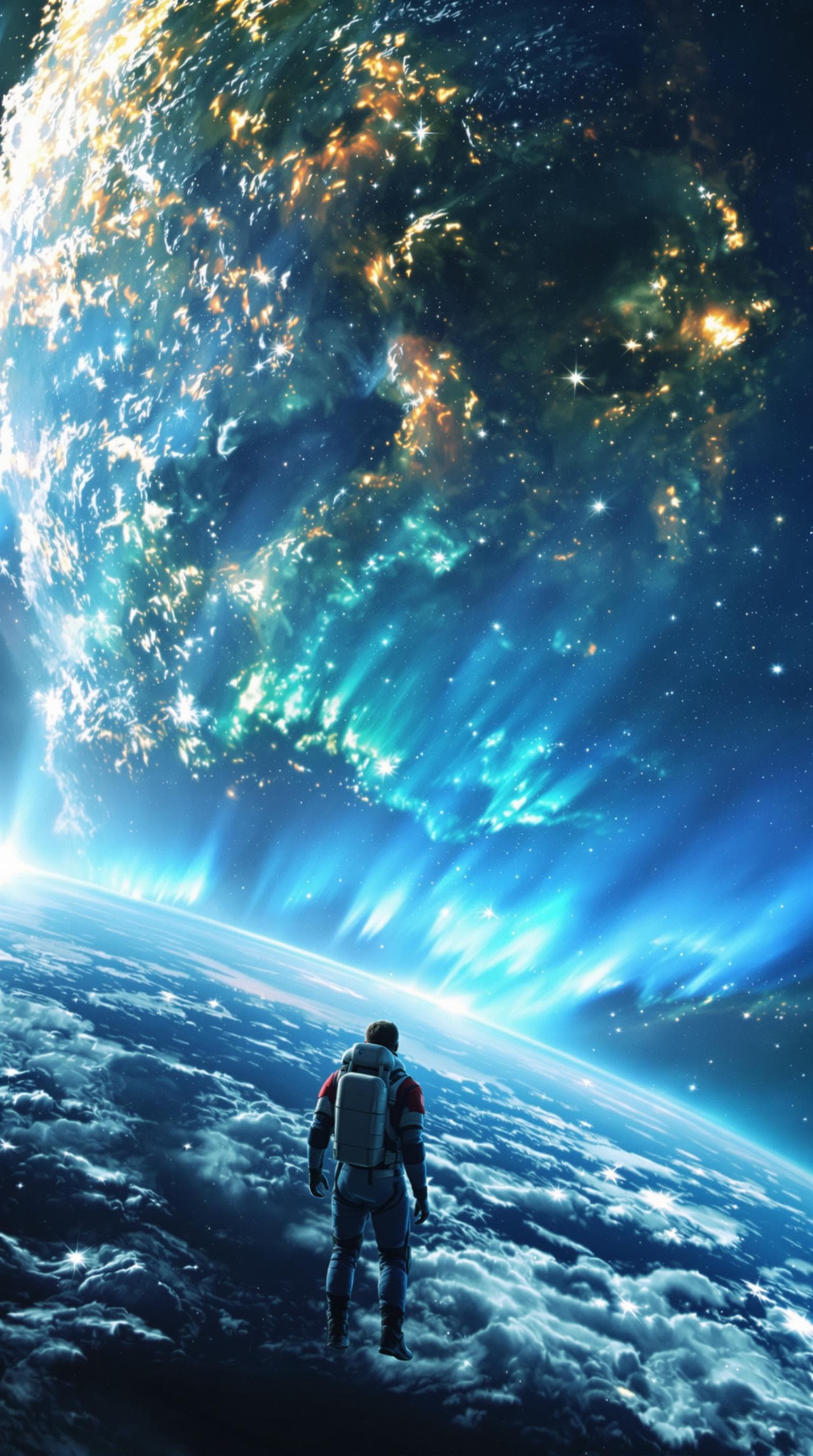 AI generated: portrait of man in space suit floating in space, sharp focus, realistic, hyper realistic, cinematic,...