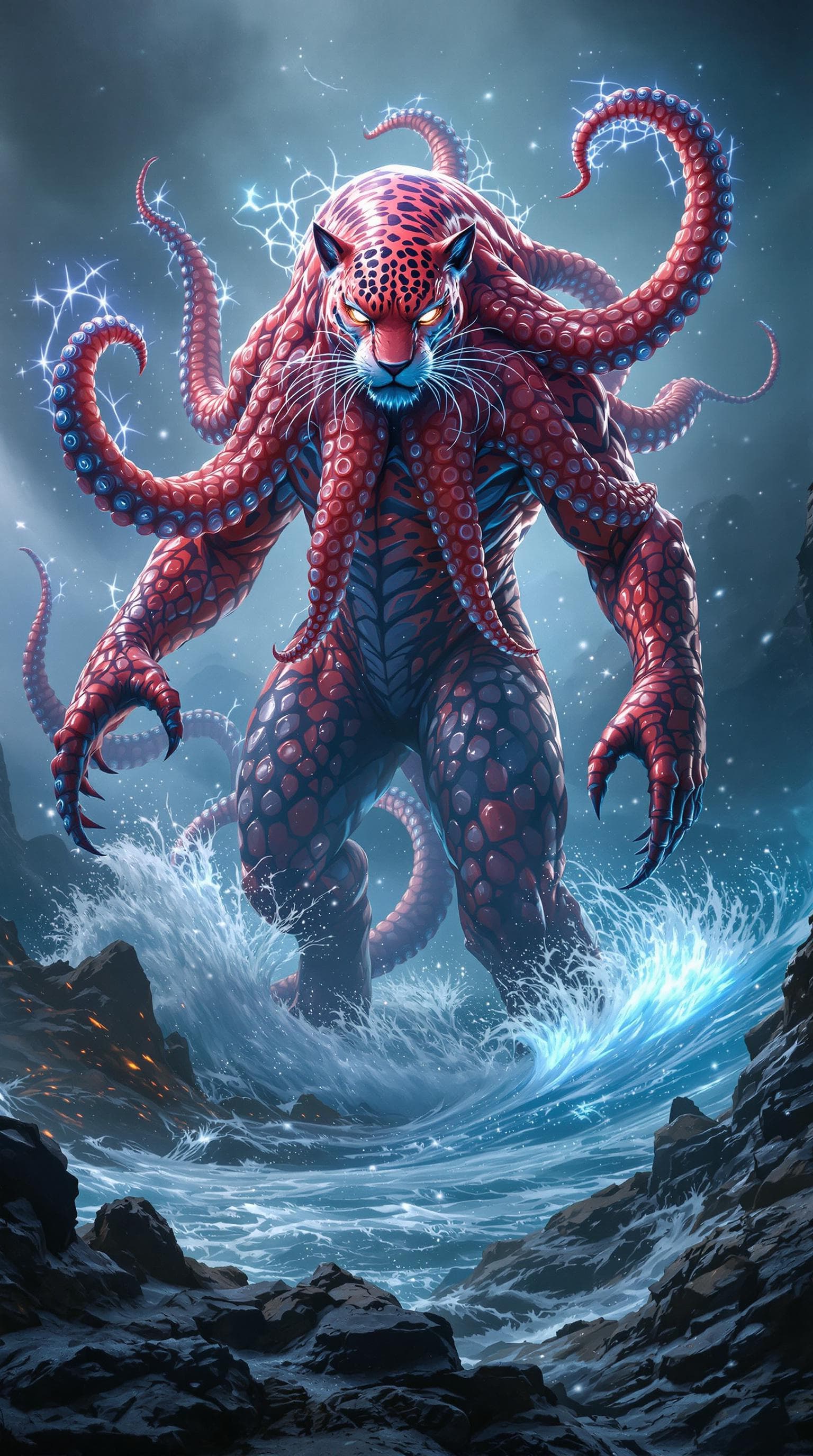 AI generated: A stunning, hyper-detailed image of a hybrid creature combining the features of a red octopus and a ...