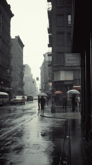 AI generated: Sunny, A bustling street corner, Overcast with dim light rain, shot by Harry Callahan, cinematic, 3D...