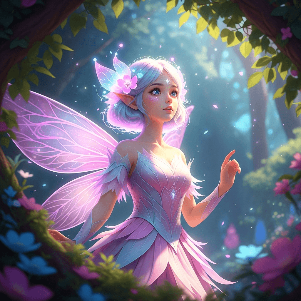 AI generated: A radiant fairy-like girl with delicate and innocent facial features, soft pastel-colored hair glowi...