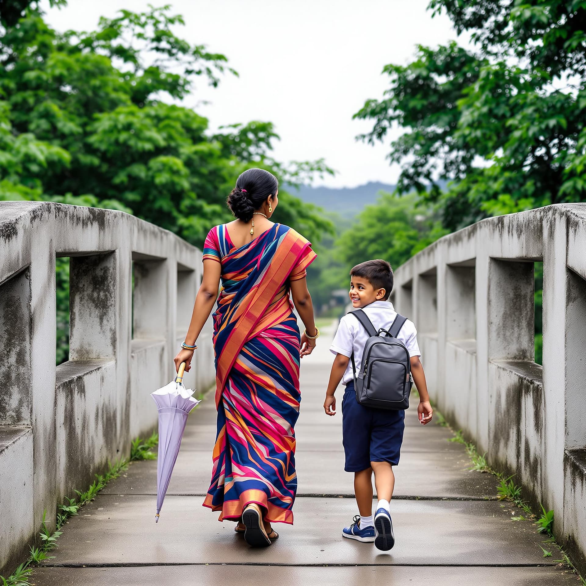 AI generated: Create an image of a 28-year-old Kerala mother and her cute baby boy walking to school. The mother s...
