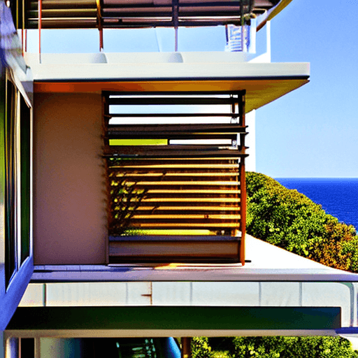 AI generated: Hyper realistic eye level exterior photo of a mid century modern style house overlooking the ocean, ...