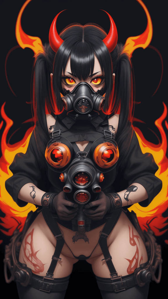AI generated: complex background portrait of little 
devil woman. Wearing a gas mask. Prominent eyes, complex back...