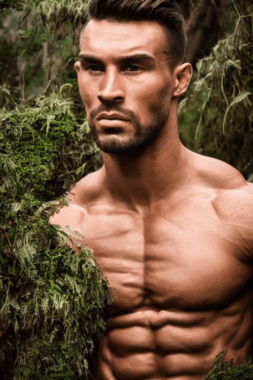 AI generated: portrait of a muscular man, chiseled features, mythological, god of nature, defined muscles, artsy p...