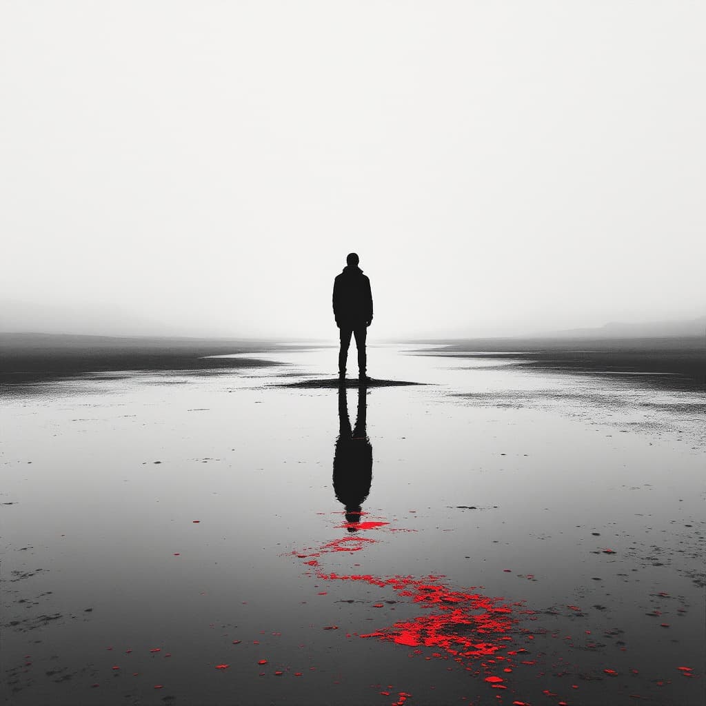 AI generated: lone figure standing at the edge of a still water body, perfectly reflected below, the reflected fig...