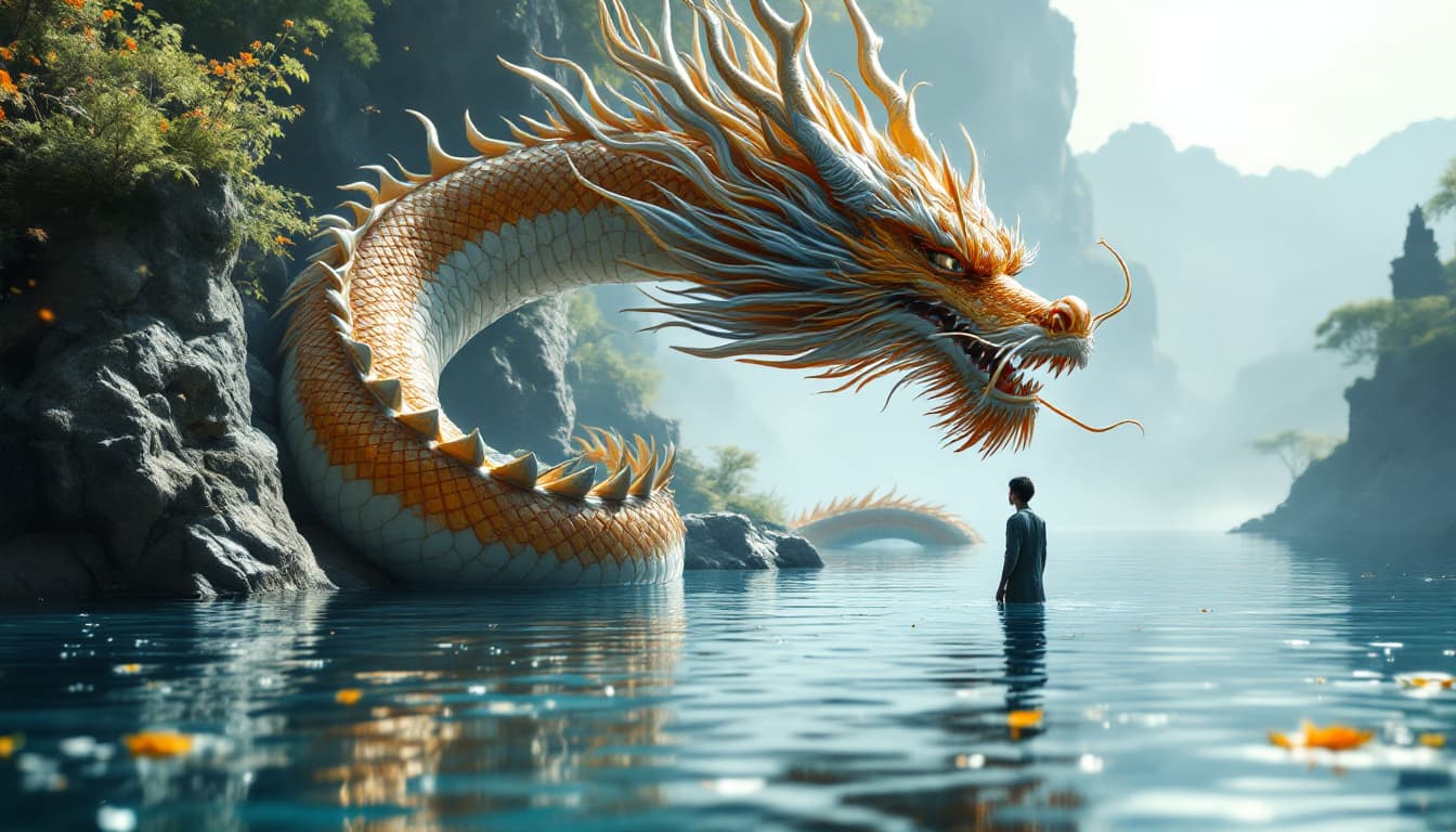 AI generated: a full wide photo shot of a person standing in the water next to a Chinese dragon, in the style of f...
