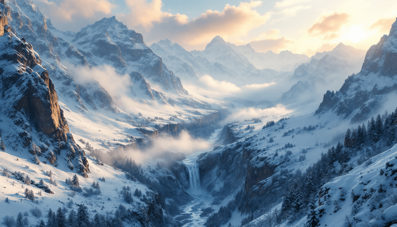 AI generated: windy, snowy valley, with steep mountains around, deeply detailed 4k, drone-like view from above in ...