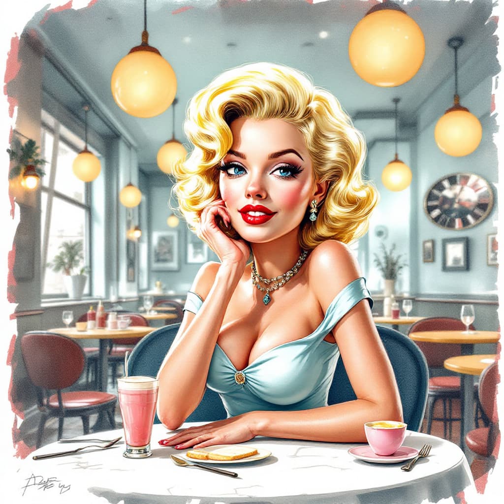 AI generated: Cartoon caricature  of  Marylin monroe full-body shot detailed background in a 50th ambiente, colour...