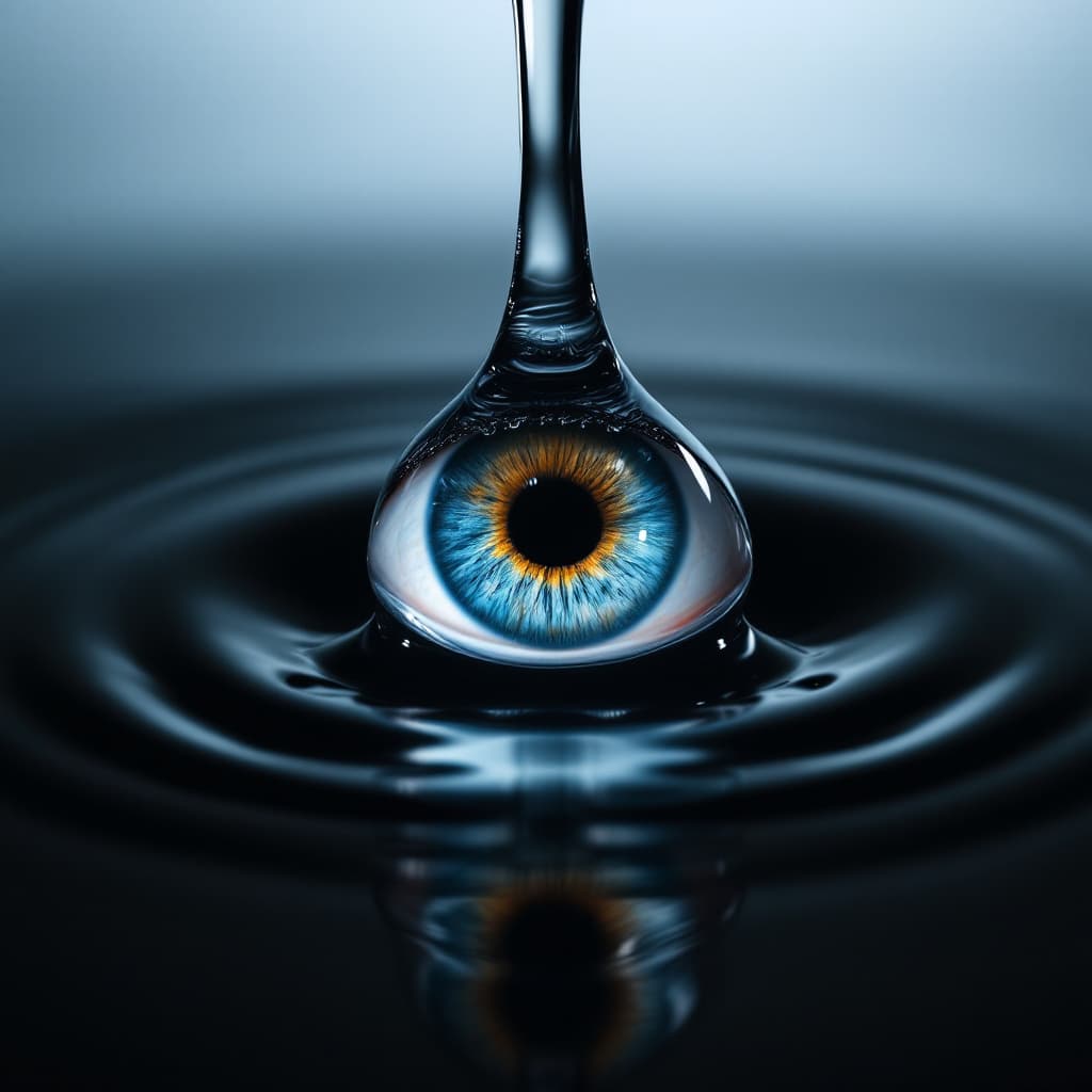 AI generated: A jaw-dropping, whimsical close-up image of an eye's iris and pupil suspended inside a single water ...