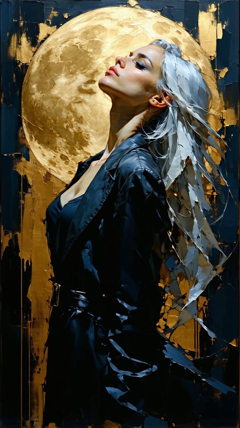 AI generated: a woman with long silver hair head tilted up in a gold and black painting, in the style of charlie b...