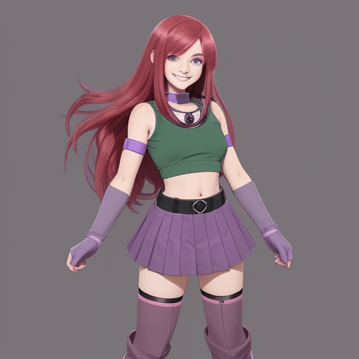 AI generated: Teenage girl with long dark pink-red hair, anime, smiling, wearing gray neckband with green orb in t...