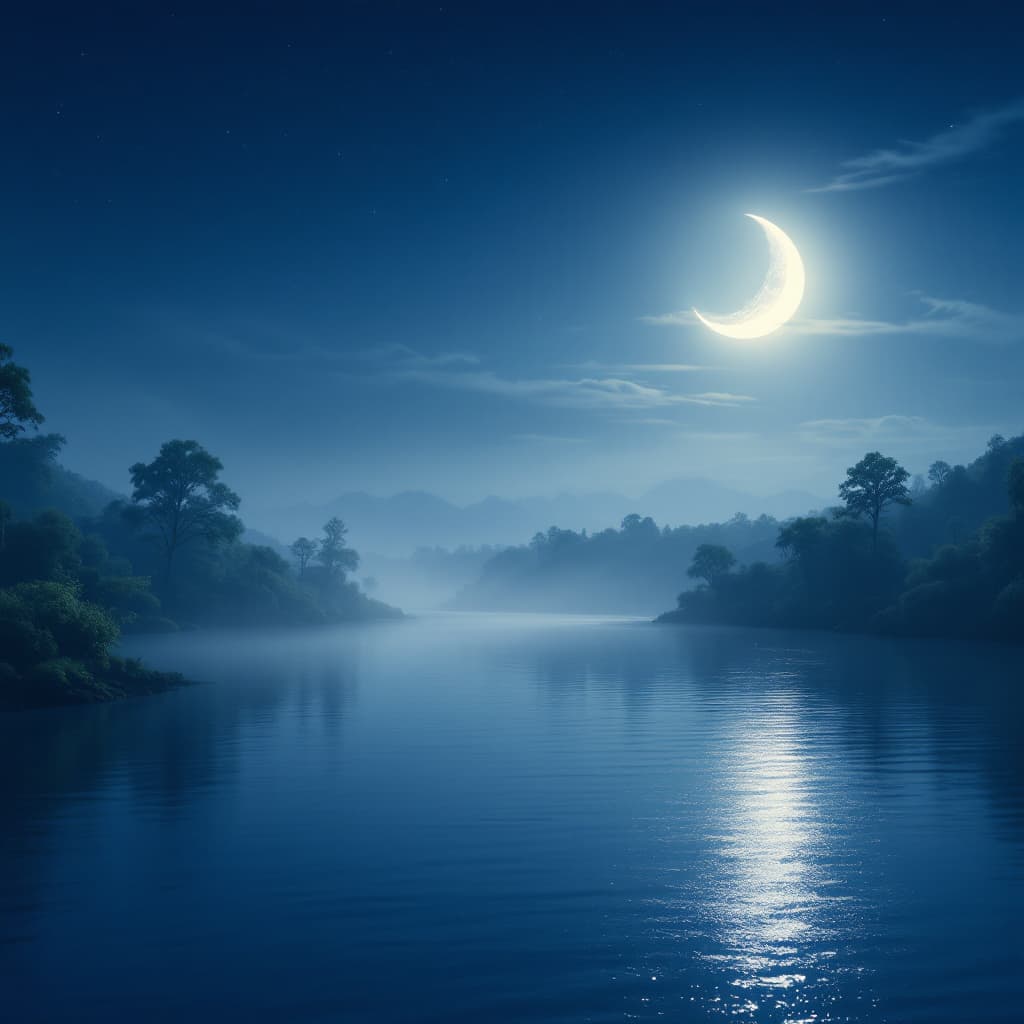 AI generated: a serene nocturnal landscape featuring a bright, crescent moon suspended low in the dark blue sky, p...