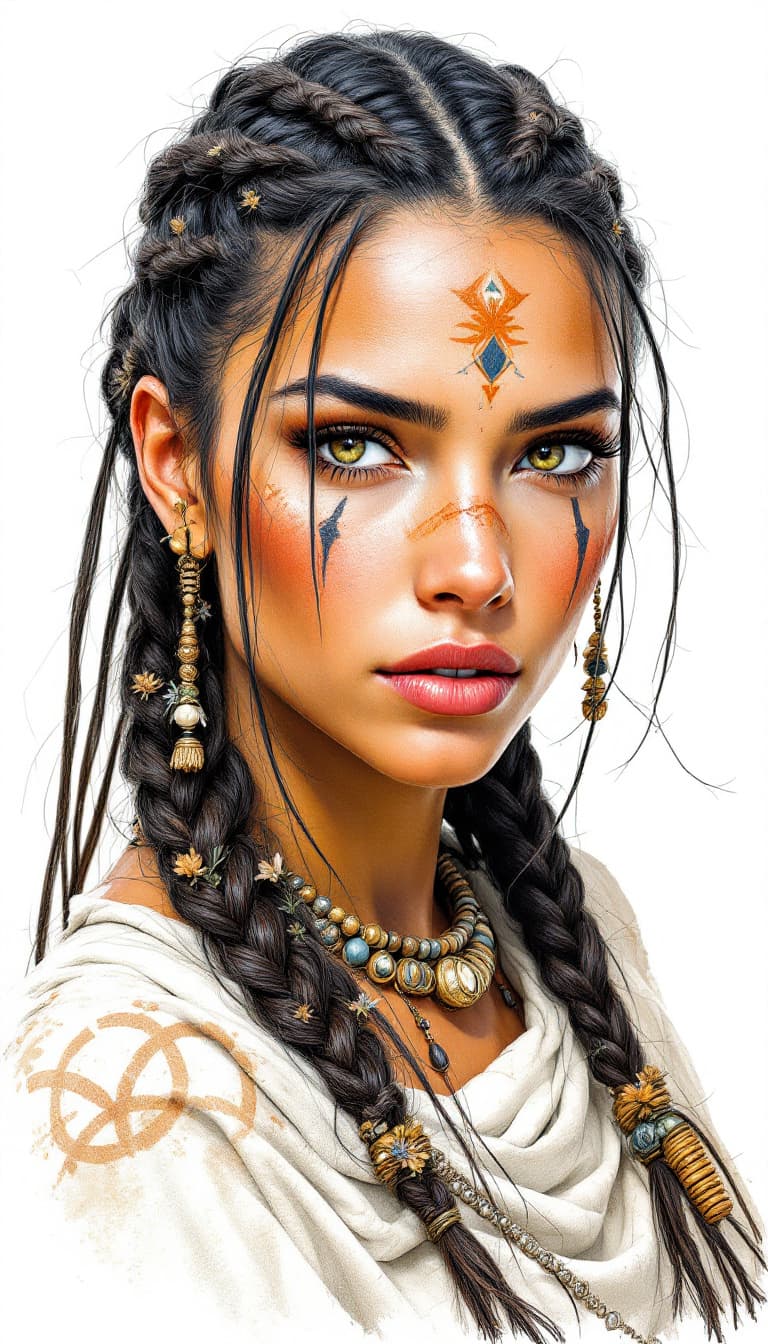 AI generated: A detailed drawing of a desert nomad warrior woman with multiple thin braids, wearing tribal marking...
