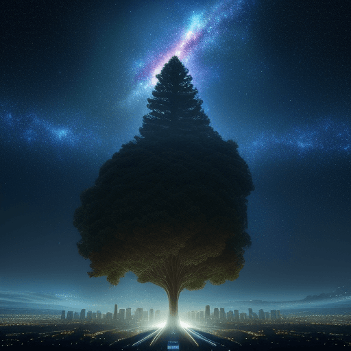 AI generated: sci fi, hyper realistic, large tree, low perspective, city-scape in background, galaxy in sky