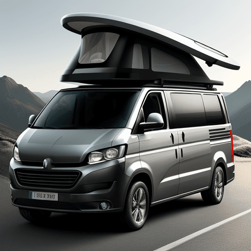 AI generated: Draw a sleek and stylish modern camper van with smooth contours and futuristic elements. The front o...