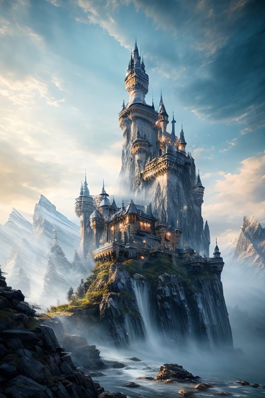 AI generated: a realistic sculpted castle and stone walls in the rocky mountains, in the style of gothic futurism,...