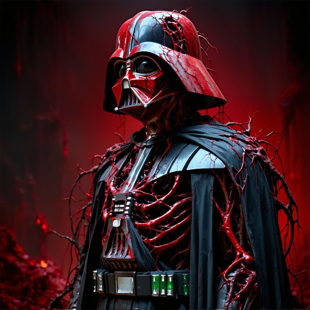 AI generated: Decayed Darth Vader figure, grotesque, (detailed skeletal structure:1.3), (tissue textures:1.3), (ex...