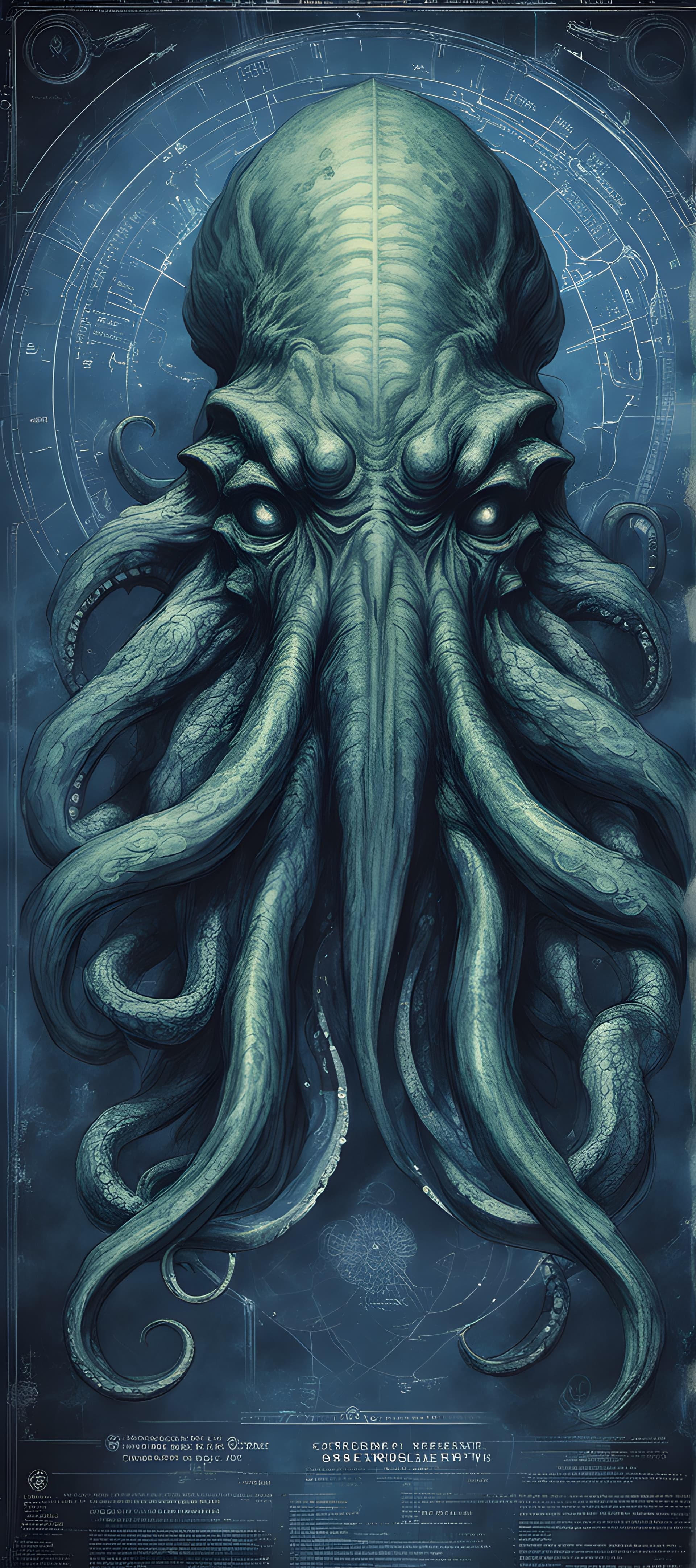 AI generated: Blue print of massive scale Cthulhu, the legendary creature, from universe of Lovecraft