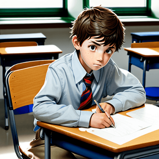 AI generated: a puzzled boy sitting at a school desk

