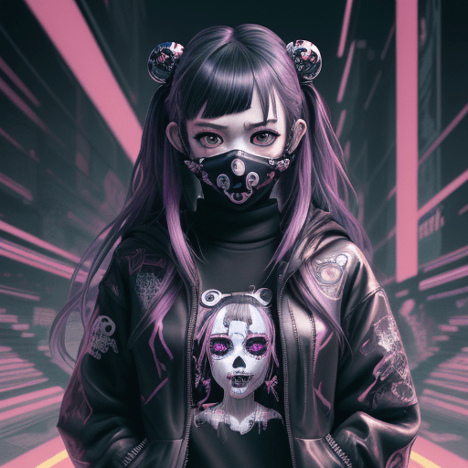 AI generated: (masterpiece, best quality) , 1lady, solo, anime girl wearing skull facemask, in the style of cyberp...